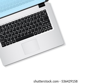 Laptop with blank screen isolated on white background.  Top view. Realistic open laptop with white aluminium body. Modern glossy laptop. Vector illustration.