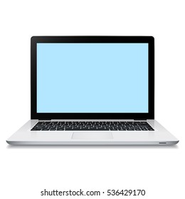 Laptop with blank screen isolated on white background.  Realistic open laptop with white aluminium body. Modern glossy laptop. Vector illustration.