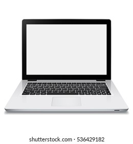 Laptop with blank screen isolated on white background.  Realistic open laptop with white aluminium body. Modern glossy laptop. Vector illustration.