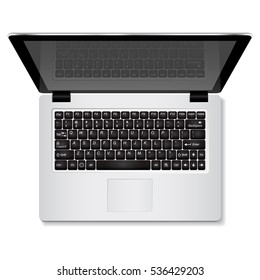 Laptop with blank screen isolated on white background.  Top view. Realistic open laptop with white aluminium body. Modern glossy laptop. Vector illustration.