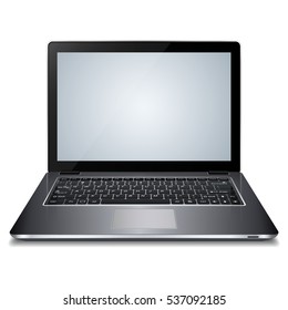 Laptop with blank screen isolated on white background.  Realistic open laptop with a dark  body. Modern glossy laptop. Vector illustration.