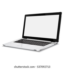 Laptop com tela em branco isolada em fundo branco. Laptop aberto realista com corpo em alumínio branco. Notebook moderno e brilhante. Ilustração vetorial.