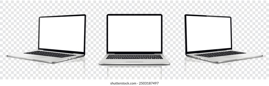 Laptop blank screen mockup. Realistic laptop in different positions isolated on transparent background.