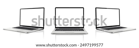 Laptop blank screen mockup. Realistic laptop in different positions with reflection.