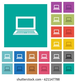 Laptop with blank screen multi colored flat icons on plain square backgrounds. Included white and darker icon variations for hover or active effects.