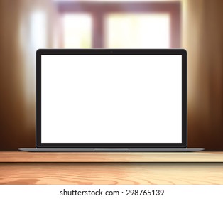 Laptop with blank screen on table in living room - realistic vector illustration eps 10 format