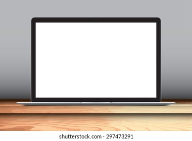 Laptop with blank screen on wooden desk - vector illustration eps 10