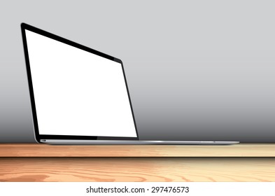 Laptop with blank screen on wooden desk - vector illustration eps 10