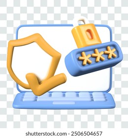 Laptop with blank screen, shield with check mark, lock with encrypted password