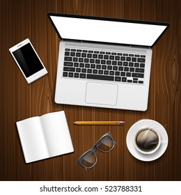 Laptop with blank screen, smartphone, cup of coffee and office stationery on the wooden table. Workplace of businessman. Stock vector illustration.