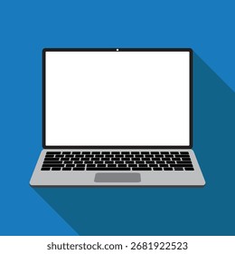 Laptop with blank white screen and long shadow. Flat design. Vector Illustration	