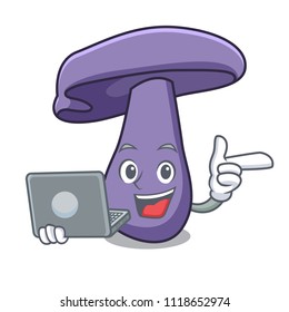 With laptop blewit mushroom character cartoon