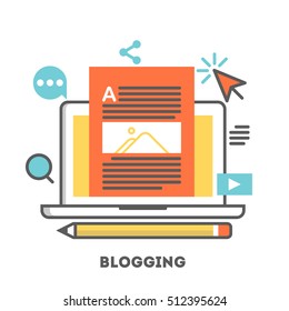A Laptop with blogging activity. Flat line style of illustration