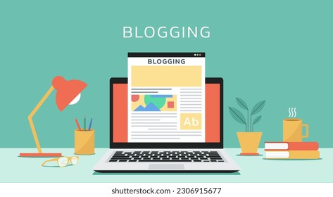 Laptop with blogging website on screen with images, flat vector illustration