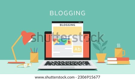Laptop with blogging website on screen with images, flat vector illustration