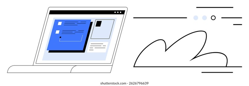 Laptop with blue and black user interface elements on screen alongside abstract cloud design, lines, and dots. Ideal for tech, education, remote work, cloud computing, web design, digital marketing