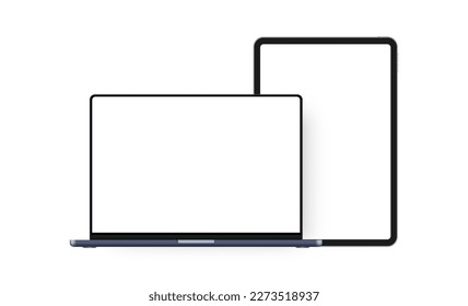 Blau-Laptop, Tablet-Computer mit unscharfen Bildschirmen, einzeln auf weißem Hintergrund. Vektorgrafik