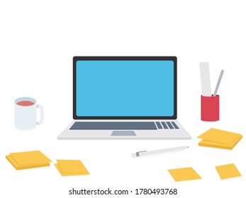 Laptop with blue screen, coffee cup, pen, sticky note, on white background , work from home concept, study from home concept, vector illustration