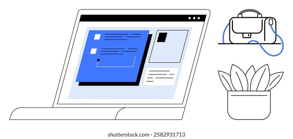 Laptop with blue screen displaying documents, a shoulder bag, and a potted plant. Ideal for remote work, home office, digital organization, online learning, productivity, minimalist design