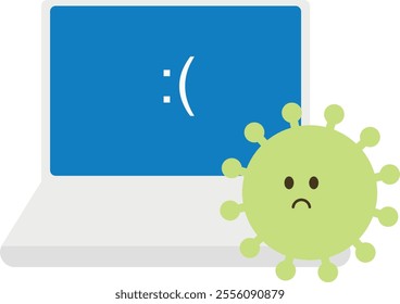 Laptop with a blue screen displaying a sad face emoticon ":(". Next to it is a green virus-like figure with a sad face, symbolizing a computer virus causing issues or sadness to the computer.