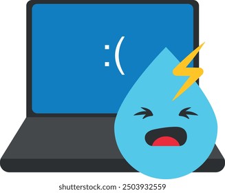 Laptop with a blue screen error showing a sad face, next to a water droplet with a face and an electric bolt.