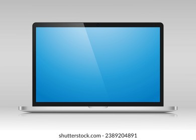 A laptop with a blue screen and a glare on a gray gradient background. Realistic laptop layout in a silver thin metal case. Vector illustration.