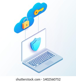 Laptop with blue shield, key and padlock. Isometric 3d data protection or digital online security concept. Flat vector illustration.