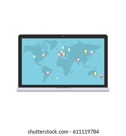 Laptop and blue world map with map pointers. Vector illustration for communications, logistic and infographics design.