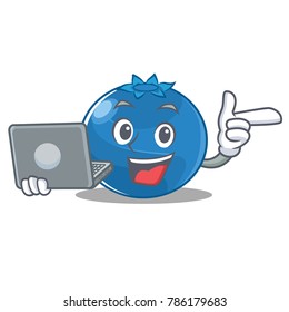 With laptop blueberry character cartoon style