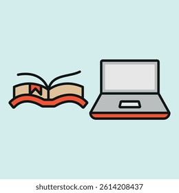 Laptop and book with bookmark icon represents focused learning, digital reading, and modern education tools concept