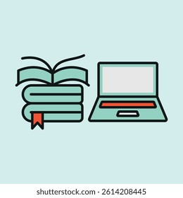 Laptop and book with bookmark icon represents focused learning, digital reading, and modern education tools concept