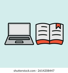 Laptop and book with bookmark icon represents focused learning, digital reading, and modern education tools concept