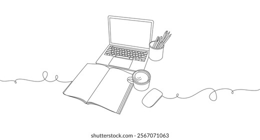 laptop book and coffee vector design line art style	