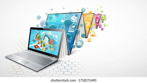 Laptop as a book. The concept of learning. Online education. Vector Illustration