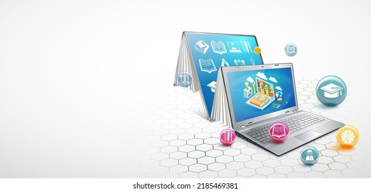 Laptop as a book. The concept of learning. Online education. Vector Illustration
