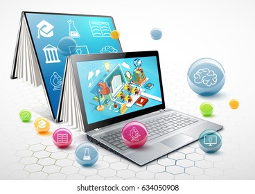 Laptop as a book. The concept of online education. Vector Illustration