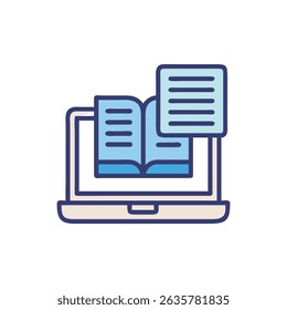 Laptop with book and document icon illustrating online education