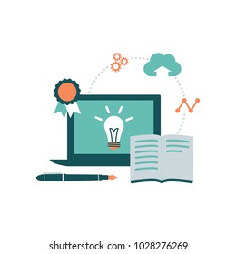 Laptop and book: e-learning, education and online study concept