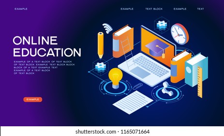 Laptop book electronic library and cloud computing conceptual images. Modern design concept of Online Education. 3d isometric vector illustration.