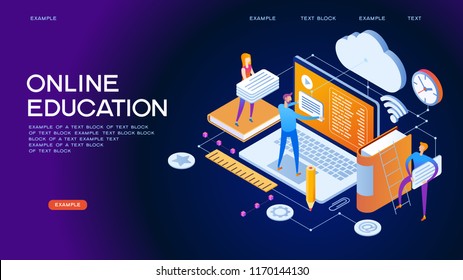 Laptop book electronic library and cloud computing conceptual images. Modern design concept of Online Education. 3d isometric vector illustration.