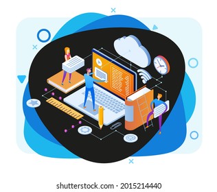 Laptop book electronic library and cloud computing conceptual images. Modern design concept of Online Education. 3d isometric vector illustration.