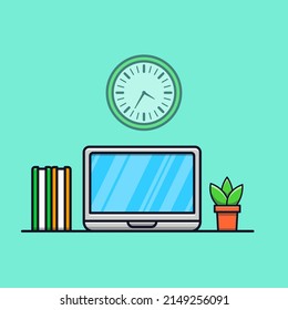 Laptop, book and flower pot with clock cartoon illustration