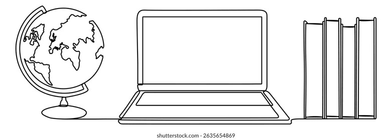 Laptop with book and globe continuous line drawing. Education concept. Vector illustration isolated on white.