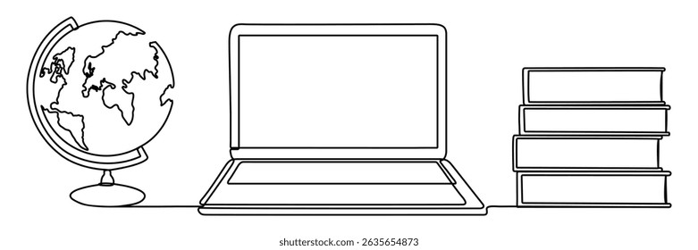 Laptop with book and globe continuous line drawing. Education concept. Vector illustration isolated on white.