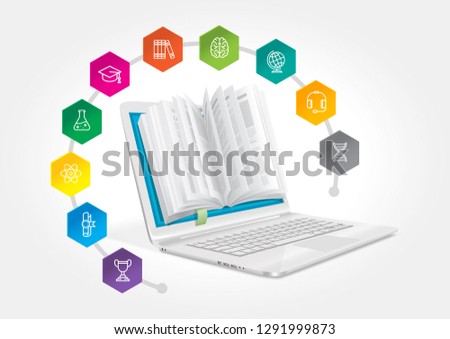 A laptop with a book to learn various fields of science. The concept of e-learning.