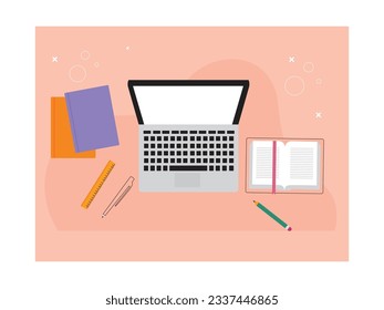 Laptop, book, notebook, pen, ruler, pencil to do assignments from campus devices. Smart student achievement. Character design. Vector flat illustration