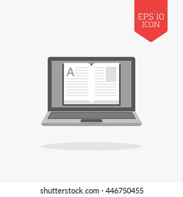 Laptop with a book on screen icon, online library, education concept. Flat design gray color symbol. Modern UI web navigation, sign. Illustration element