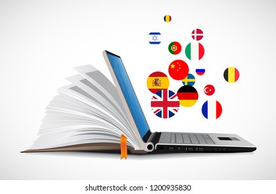 Laptop and book as online dictionary - e-learning online language learning system 