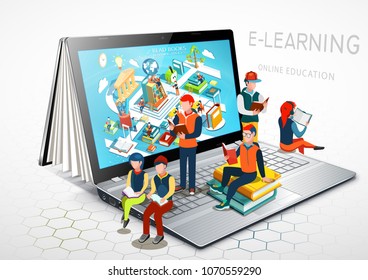 Laptop as a book. People are reading books sitting on a laptop. Online education. Vector Illustration