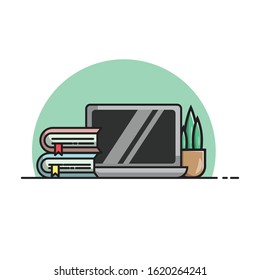 laptop book and plant illustration vector flat design